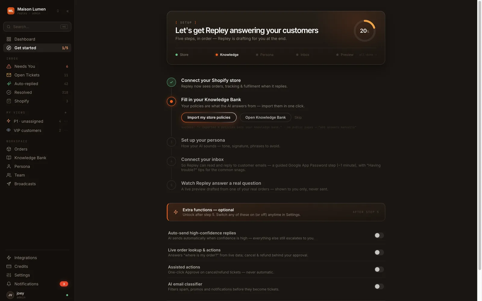 The setup checklist, with the Shopify store connected